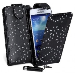 Puzdro Flip Vertical Samsung Galaxy S4 čierne s trblietkami.